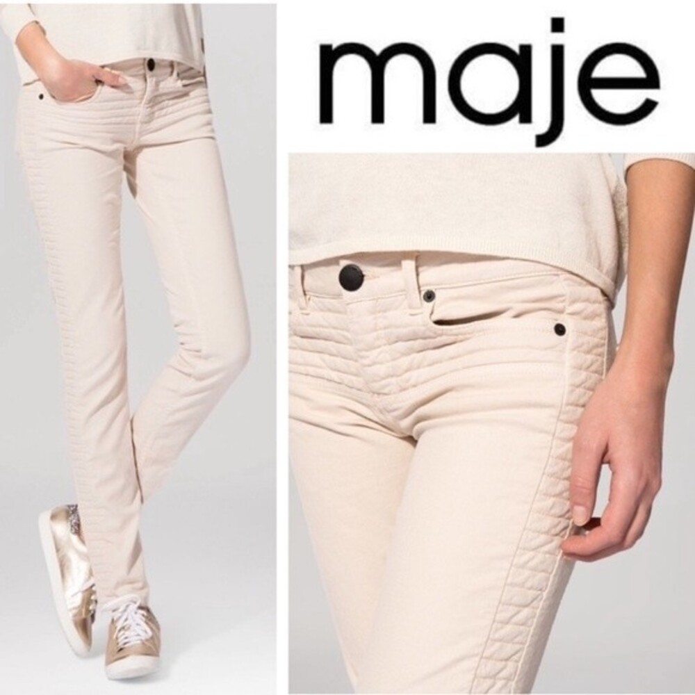 Maje Beige Cream Low Rise Y2K Quilted Moto E15 Posh Skinny Jeans 38 / 28 / M
